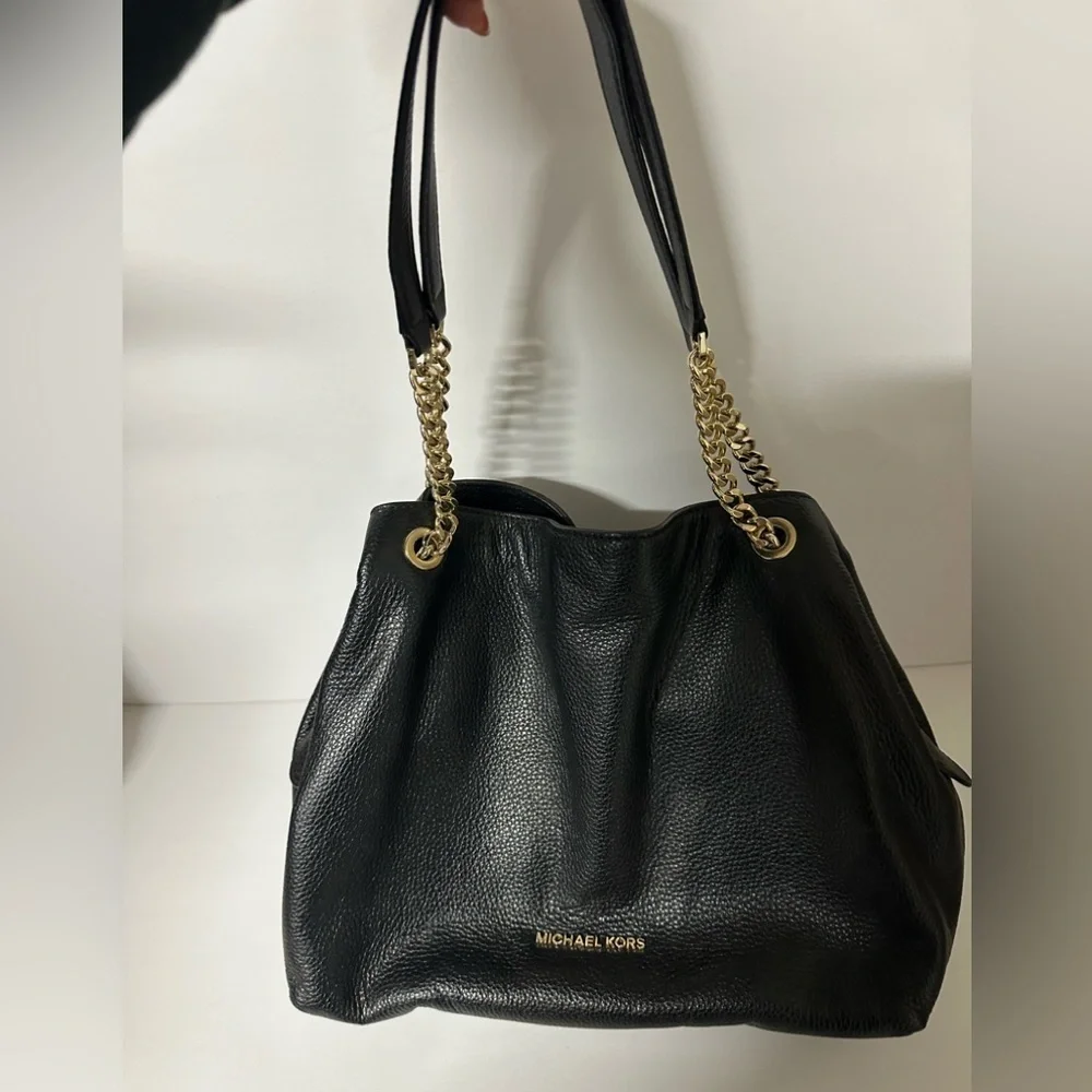Michael Kors Black Slouchy Pebbled Leather Shoulder Bag with Gold Chain